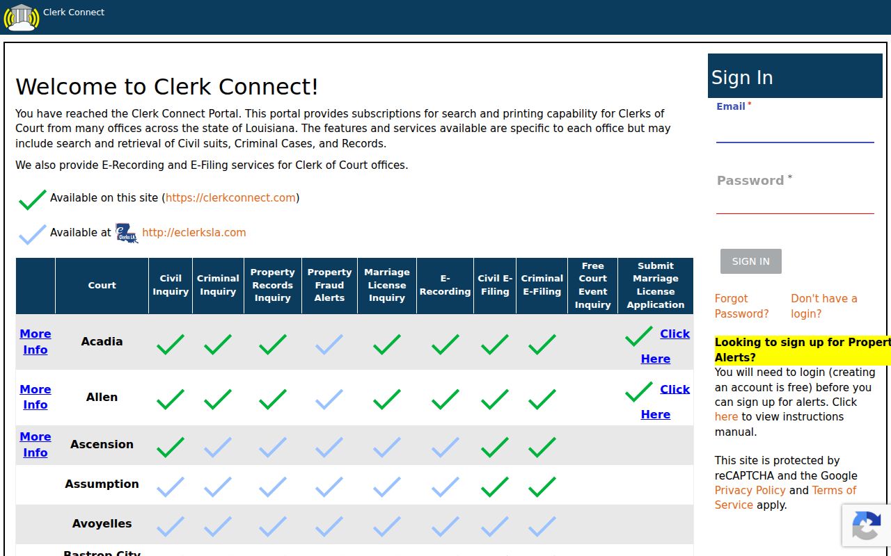 Acadia Parish case search Clerk Connect account login