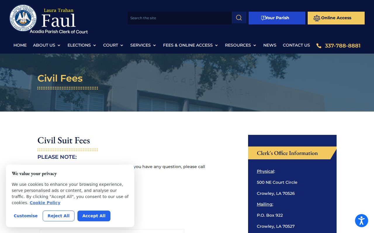 Acadia Parish civil dockets civil fees record source