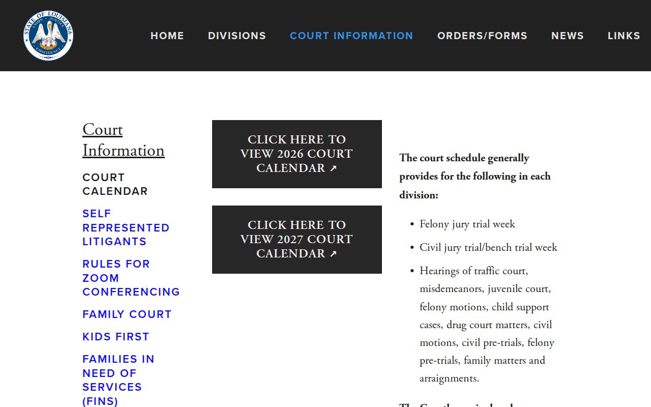 Acadia Parish court calendar Fifteenth Judicial District source