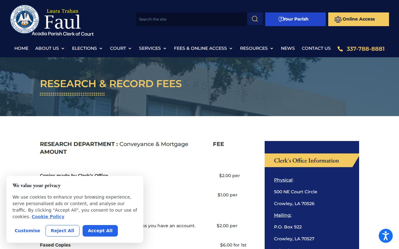 Acadia Parish court records research and copy fee schedule