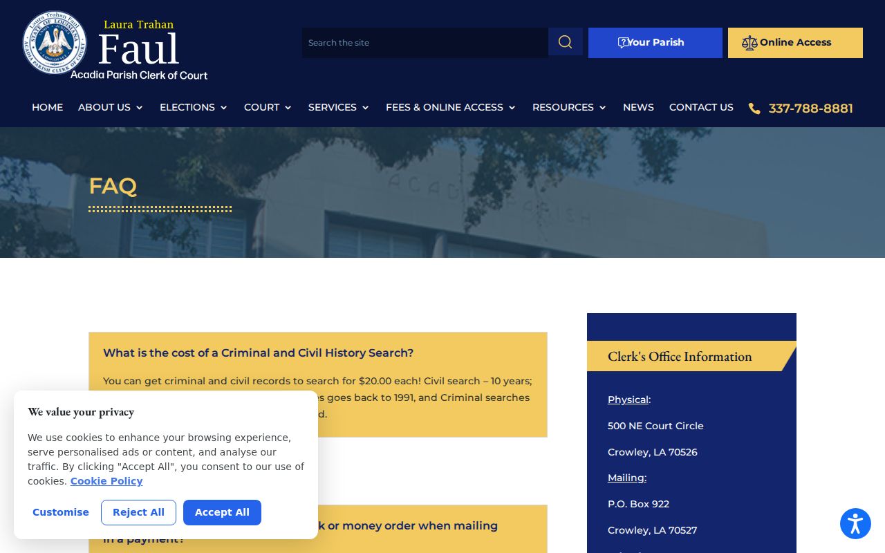Acadia Parish court records FAQ and public terminal information
