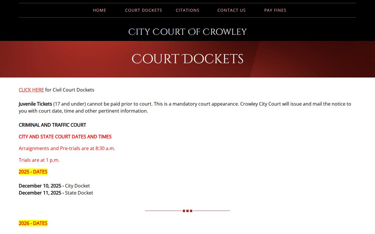 Acadia Parish traffic court records Crowley City Court docket calendar