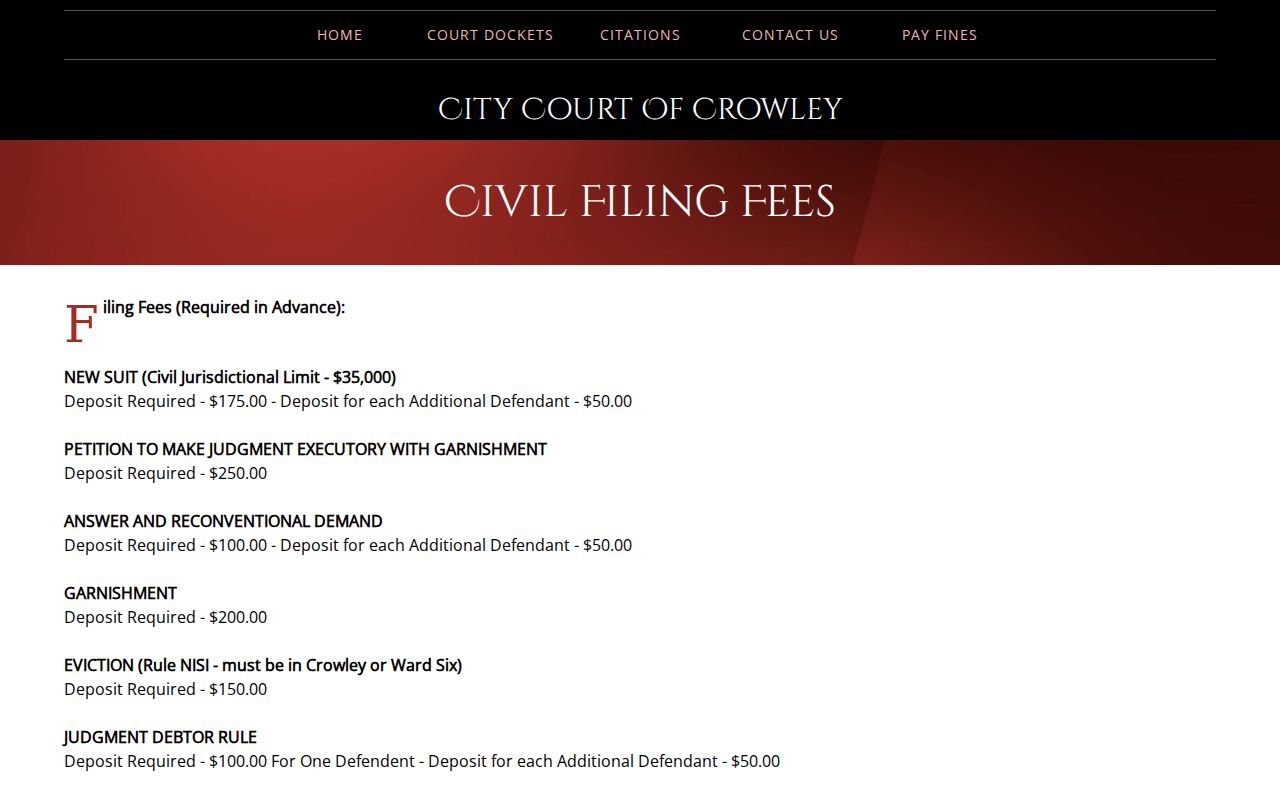 Crowley court docket civil jurisdiction and filing-record information