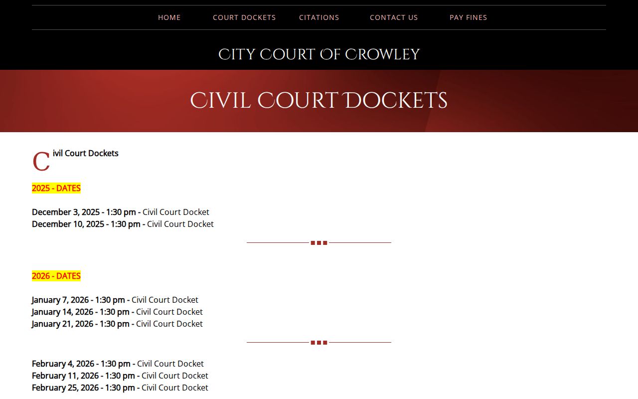 Crowley court docket published civil setting dates