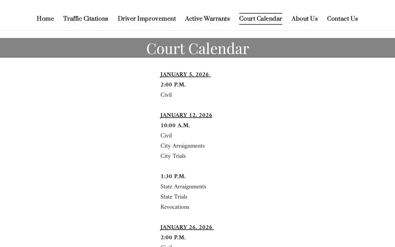Rayne court docket calendar with civil and city-state setting labels